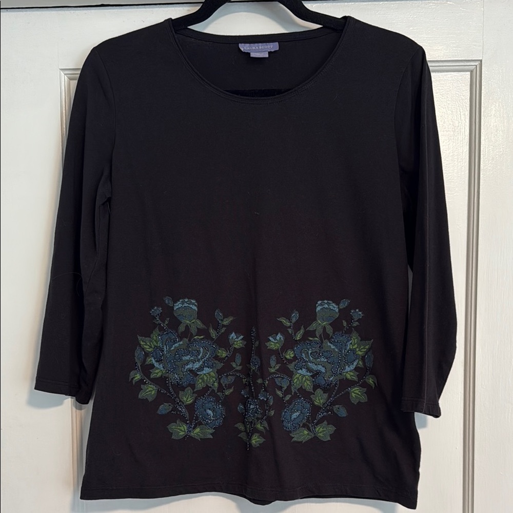 🌻 Laura Scott Black with Beaded Floral Print 3/4 Sleeve Top